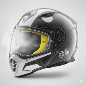 Close-up illustration of a dual-pane Pinlock visor on an adventure motorcycle helmet, designed to prevent fogging in cold Canadian climates.