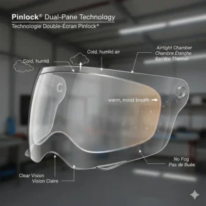 Illustration showing the airtight seal of a Pinlock insert creating a thermal barrier to prevent helmet fogging.