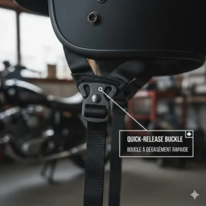 Detailed view of a micro-metric quick-release chin strap on a 3/4 motorcycle helmet.