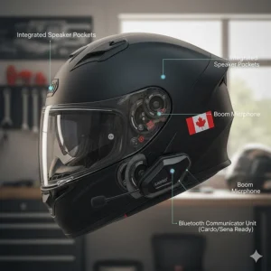 Illustration of a quiet motorcycle helmet with integrated pockets for Canadian riders using Cardo or Sena communication systems.