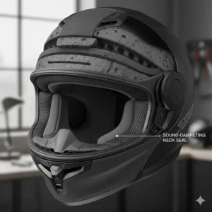 Close-up illustration of the plush interior lining and neck roll designed to seal out road noise in a quiet motorcycle helmet.