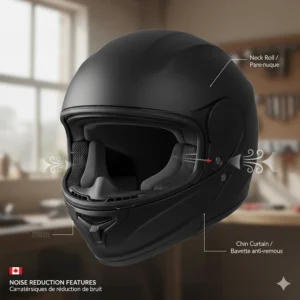 Illustration of internal neck rolls and chin curtains designed to reduce wind noise during long-distance Canadian highway trips.
