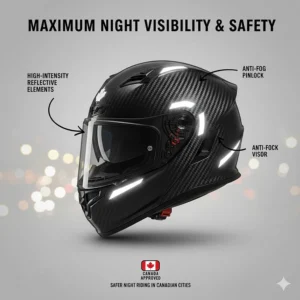 Illustration of a carbon fiber motorcycle helmet with integrated reflective elements for safer night riding in Canadian urban environments.