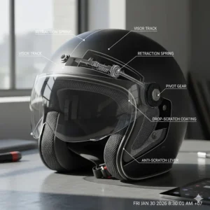 A technical diagram of a drop-down sun visor mechanism on a cruiser-style motorcycle half helmet.