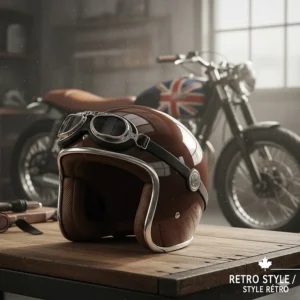 A classic cafe racer style open face helmet featuring a chrome trim, popular in the Canadian custom bike scene.