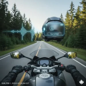 Conceptual illustration of a rider staying focused on the road while using a hands-free bluetooth helmet system.