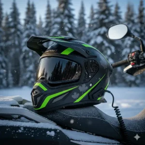 A hybrid winter motorcycle helmet featuring a dual-lens electric shield, popular among Canadian riders for extreme cold-weather protection.