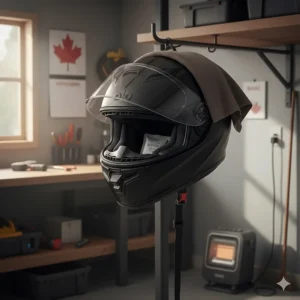 Illustration of a full-face helmet being stored properly for the Canadian winter season.
