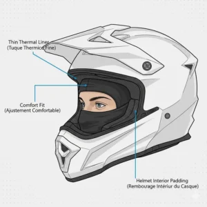 Illustration of a thin thermal liner or tuque under a motorcycle helmet, showing proper fit for winter riding in Canada.