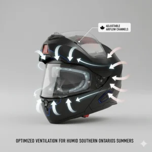 Close-up illustration of the adjustable air vents on a touring modular helmet to keep riders cool during humid Southern Ontario summers.