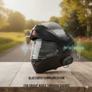 Illustration of a touring modular helmet with an integrated Bluetooth headset for group rides through the Quebec countryside.