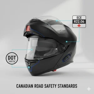 An infographic showing a touring modular helmet with DOT and ECE certification labels, essential for Canadian road safety standards.