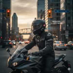 An urban motorcyclist in Montreal wearing a quiet full face helmet to reduce city traffic noise and wind.