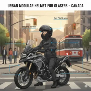 Stylized illustration of a commuter in Toronto or Vancouver using a glasses-friendly modular helmet.