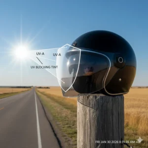 Illustration demonstrating how a tinted sun visor blocks UV rays during long rides across the Canadian prairies.