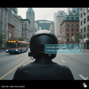 Illustration of a rider using voice commands on a bluetooth helmet system to check weather updates in Montreal.