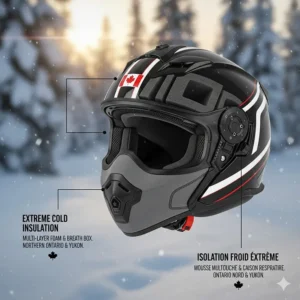 Illustration of multi-layer foam insulation and breath boxes designed for the best snowmobile helmets used in Northern Ontario and Yukon.