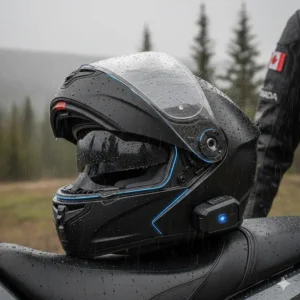 Illustration of a golfer at a Canadian indoor fitting center testing low spin driver head and shaft combinations.