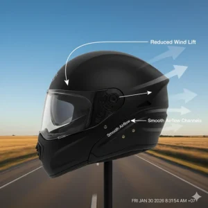 Side-profile sketch of an aerodynamic half helmet with sun visor showing reduced wind lift for highway speeds.