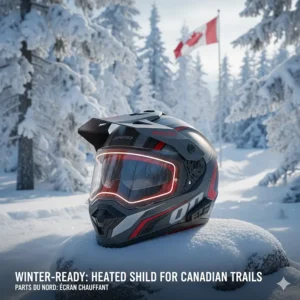 A cold-weather ATV helmet featuring a dual-pane heated shield, ideal for Canadian winter riding and snow-covered trails.