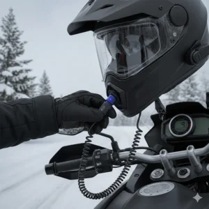 Illustration of a heated visor cord connecting a winter motorcycle helmet to a 12V power source for frost-free visibility in sub-zero temperatures.