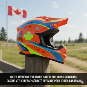 Illustration of a youth-sized ATV helmet with bright safety colors, perfect for young riders in rural Canadian communities.