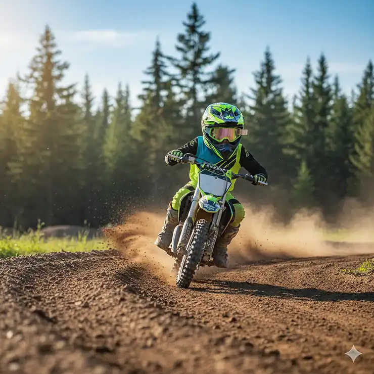 A young rider wearing a certified youth motocross helmet on a dirt track in British Columbia, Canada. youth motocross helmet Canada