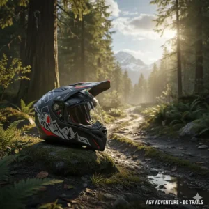 Adventure-style AGV helmet illustration designed for dual-sport riding on British Columbia's rugged off-road trails.