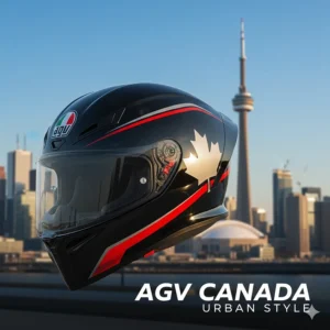 Stylized illustration of a sport AGV helmet with the Toronto skyline background, showcasing AGV Canada urban style.