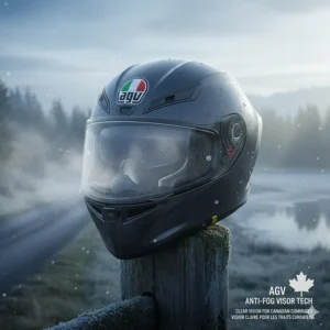 AGV helmet anti-fog visor technology illustration, essential for cold Canadian morning commutes and humid weather.
