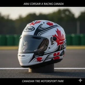 Stylized illustration of an Arai Corsair-X helmet at a Canadian track like Canadian Tire Motorsport Park (Mosport).