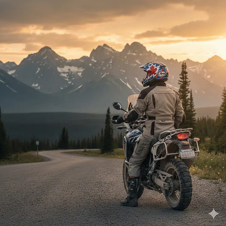 A motorcyclist wearing an Arai XD4 helmet overlooking the Canadian Rockies in Alberta; the best Arai helmet selection in Canada for adventure touring. DOT approved helmets Canada