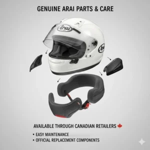 Breakdown of genuine Arai helmet parts and cheek pads available through Canadian retailers for easy maintenance.