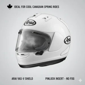 Illustration of the Arai VAS shield system with Pinlock insert, ideal for preventing fogging during cool Canadian spring rides.