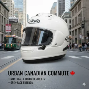 Illustration of a rider in an Arai Ram-X open-face helmet navigating urban Canadian streets in Montreal or Toronto.