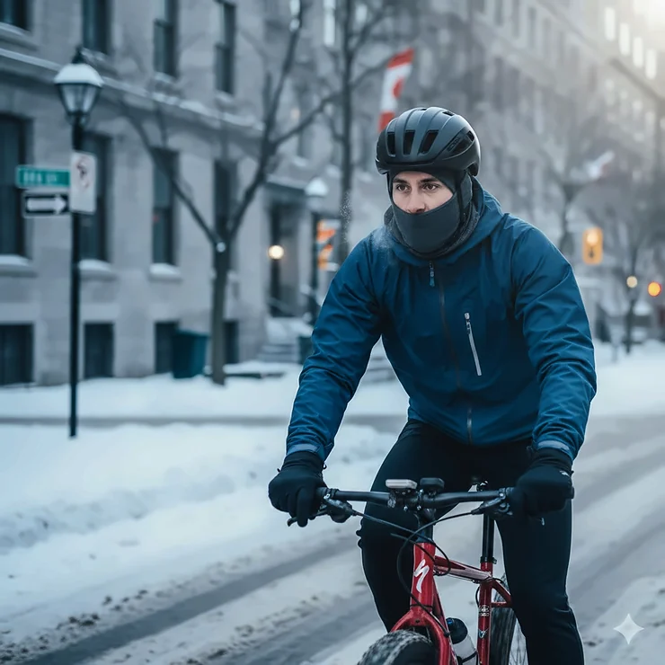 A person cycling through a snowy Canadian street wearing a high-performance winter helmet liner under a sleek commuter helmet.