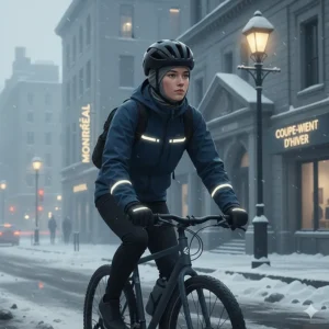 Minimalist illustration of a Montreal cyclist equipped with a winter helmet liner and reflective gear for safe winter commuting.
