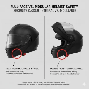 Comparison illustration between a full-face helmet and a modular flip-up helmet highlighting chin bar safety standards in Canada.
