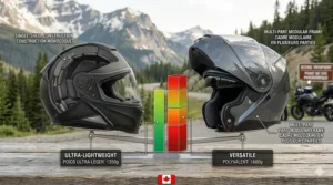 A visual scale comparing the lighter weight of a carbon fiber full face helmet against a versatile modular model.