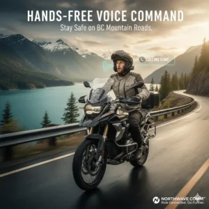 Illustration of a rider using voice commands on a helmet intercom for 2 riders to stay safe on BC mountain roads.