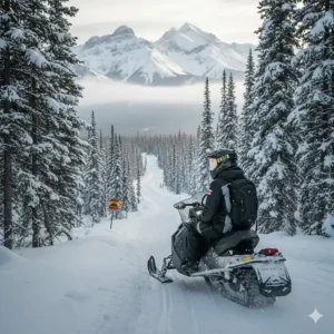 A rider wearing a snowmobile helmet with a heated visor clearing frost while overlooking a trail in the Canadian Rockies.