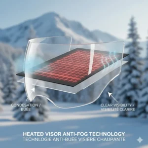 Diagram showing how a heated helmet visor prevents condensation and fogging in sub-zero Canadian temperatures.