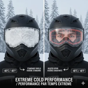 Graphic demonstrating clear visibility on a heated visor at -40°C compared to a standard iced-over lens.