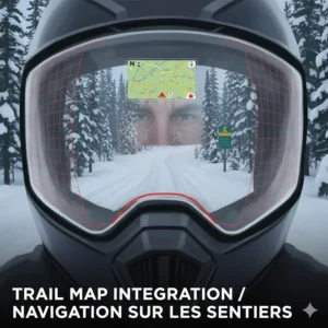 Illustration of a rider using a heated visor while navigating the Trans-Canada snowmobile trail system.