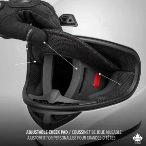 Alt text for image 8: Close-up illustration of adjustable cheek pads in a large-shell motorcycle helmet for a custom fit.