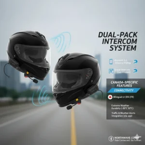 Technical illustration of a helmet intercom for 2 riders showing Bluetooth connectivity for Canadian commuters.