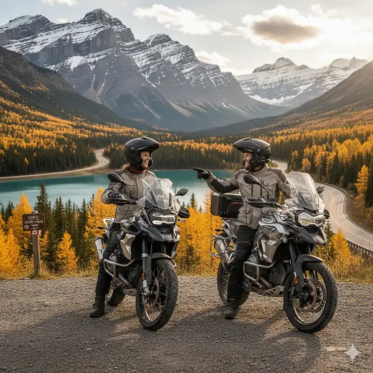 A pair of motorcyclists wearing helmet intercoms for 2 riders, touring through the Canadian Rockies during autumn.