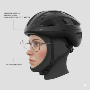 Illustration showing a winter helmet liner with dedicated slots for glasses or goggles, preventing fogging during outdoor Canadian activities.