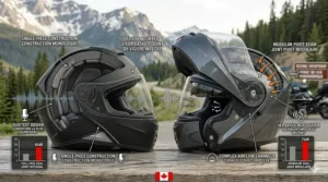 An infographic comparing the quieter seal of a full face helmet vs a modular helmet at Trans-Canada Highway speeds.