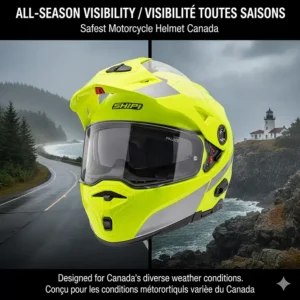 Illustration of a high-visibility yellow helmet with reflective accents suitable for rainy Pacific Northwest or Atlantic Canada riding.